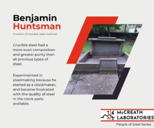 Benjamin Huntsman Inventor of crucible steel. photo of Huntsman's tomb. Crucible steel had a more even composition and greater purity than all previous types of steel. Experimented in steelmaking because he started as a clockmaker and became frustrated with the quality of steel in the available clock parts. McCreath logo