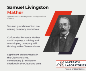 Infographic highlighting Samuel Livingston Mather and his contributions to the steel industry and the Cleveland are.