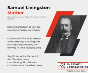 Infographic highlighting Samuel Livingston Mather and his contributions to the steel industry and the Cleveland are.
